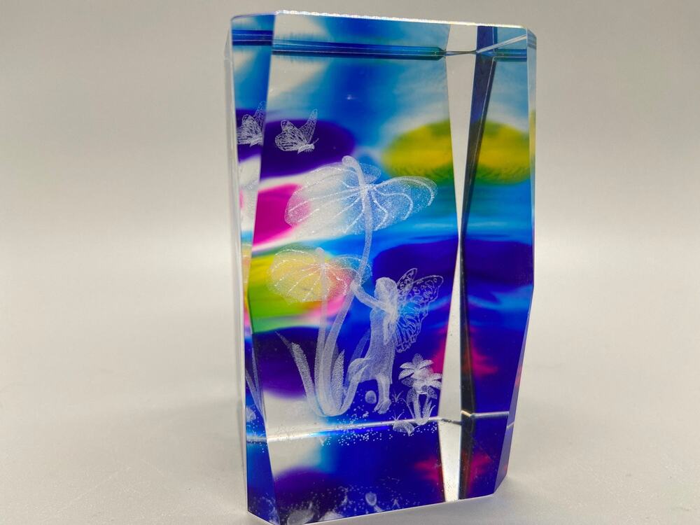 3D Laser Etched Glass Paperweight Image Fairy in Garden Multi-Colored Background